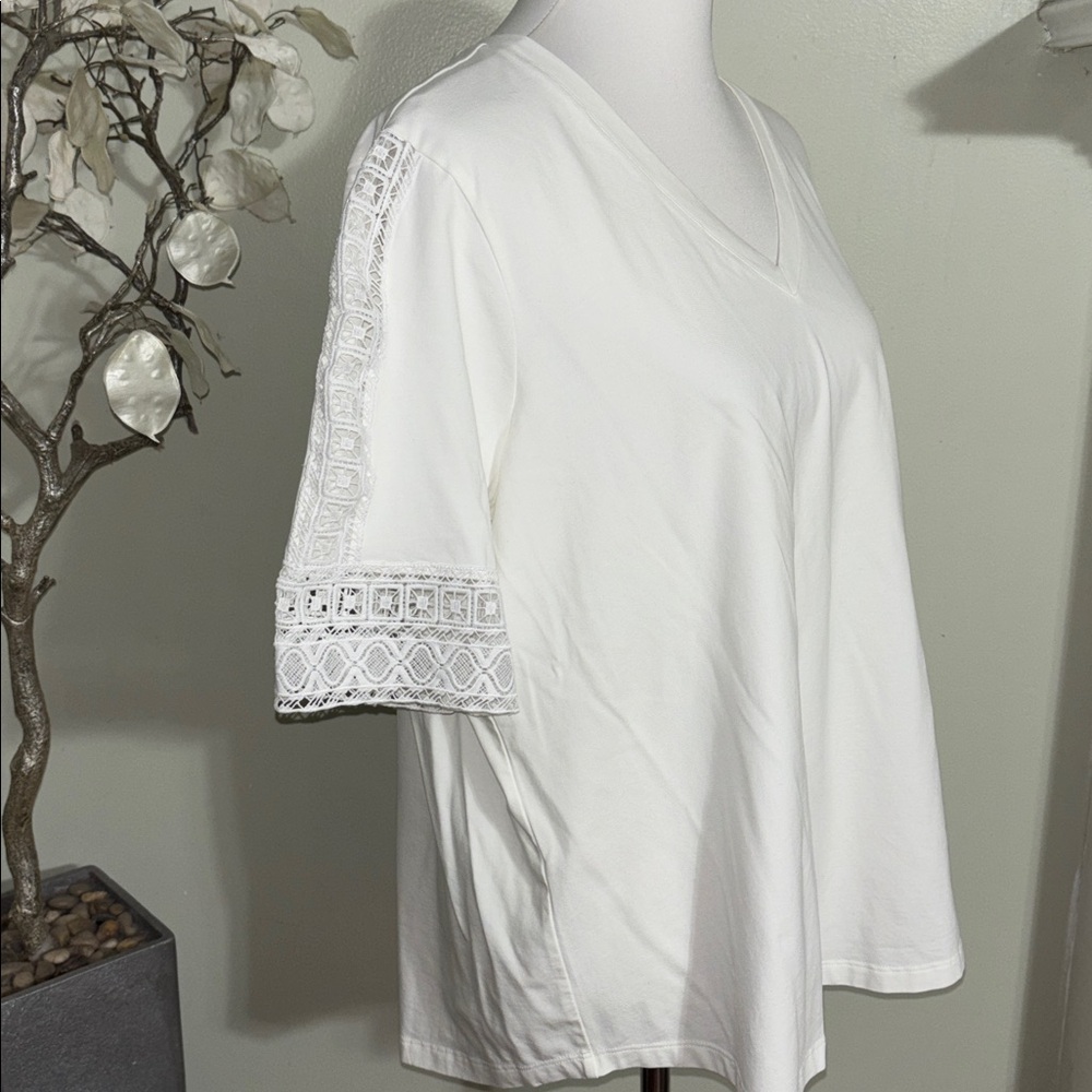 Chico's White V Neck Blouse with Lace Sleeves - Picture 3 of 5